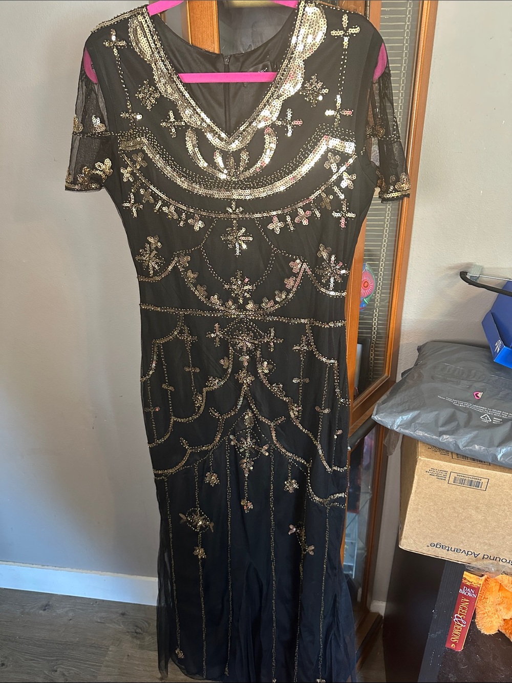 Black Maxi Evening Dress with Gold Sequin Embellishment